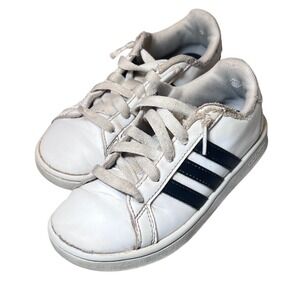 Adidas Kids Grand Court Shoes Size 11K White Black Stripes Sneakers No Tie Play
